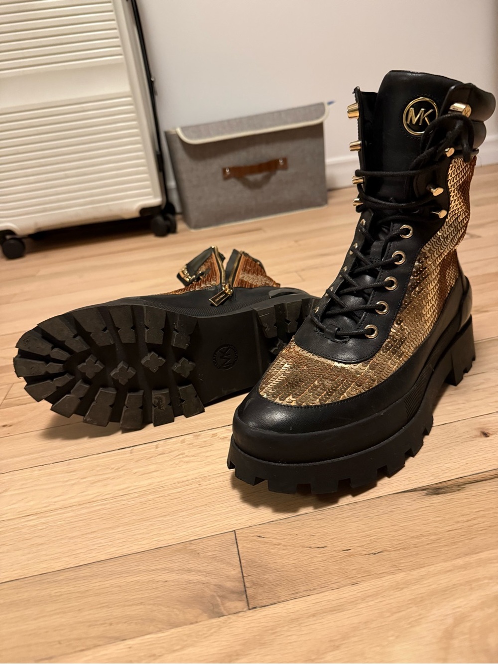 Michael Kors Black & Gold Snakeskin-Accent Lug Sole Lace-Up Boots